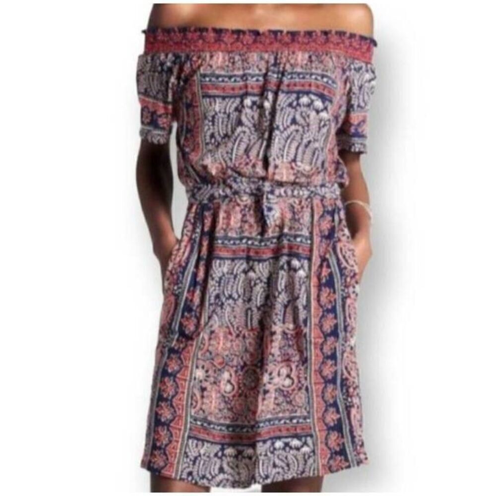 LUCKY BRAND RED, WHITE, & BLUE OFF-THE-SHOULDER W/POCKETS DRESS SZ.XS EUC.